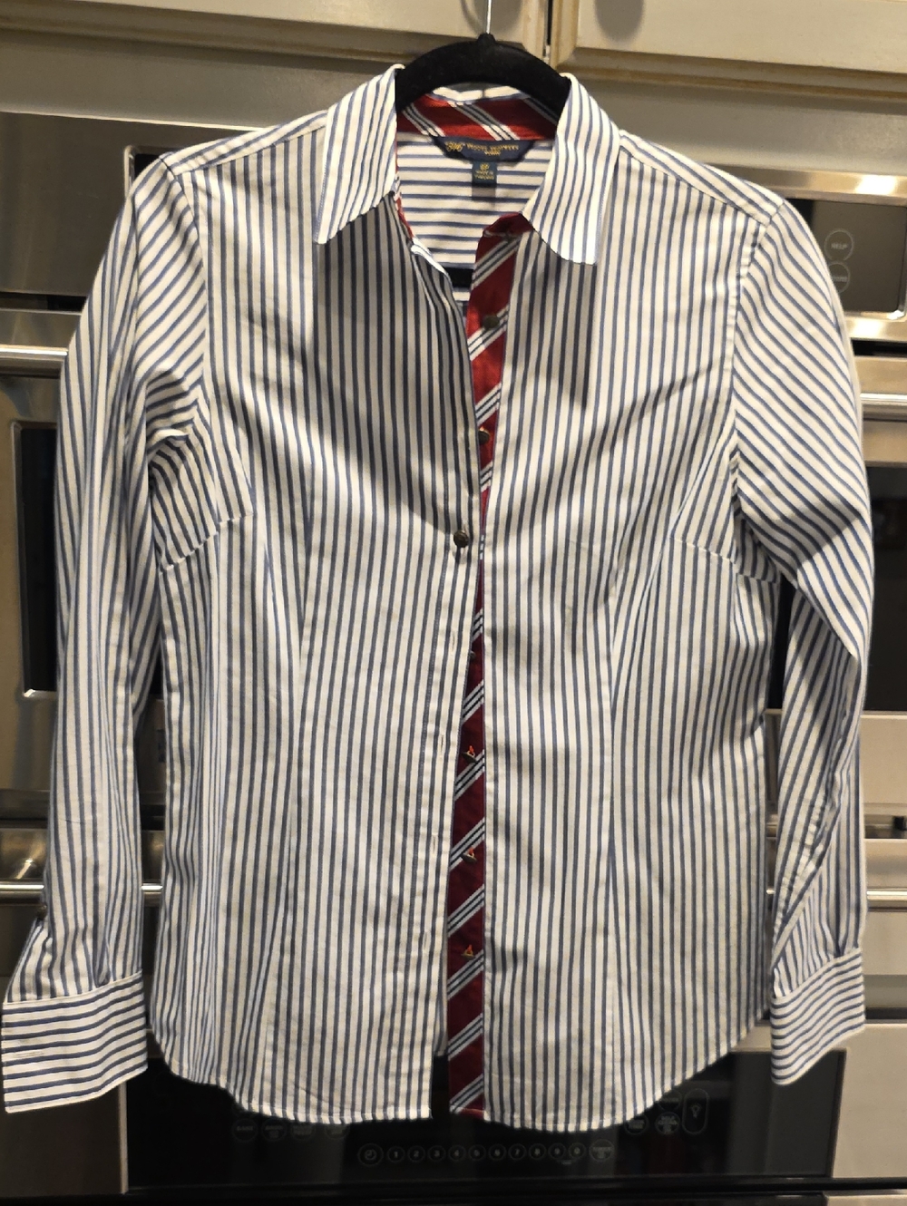 Classic Navy Striped Womens Blouse with Burgundy Grosgrain Contrast Trim